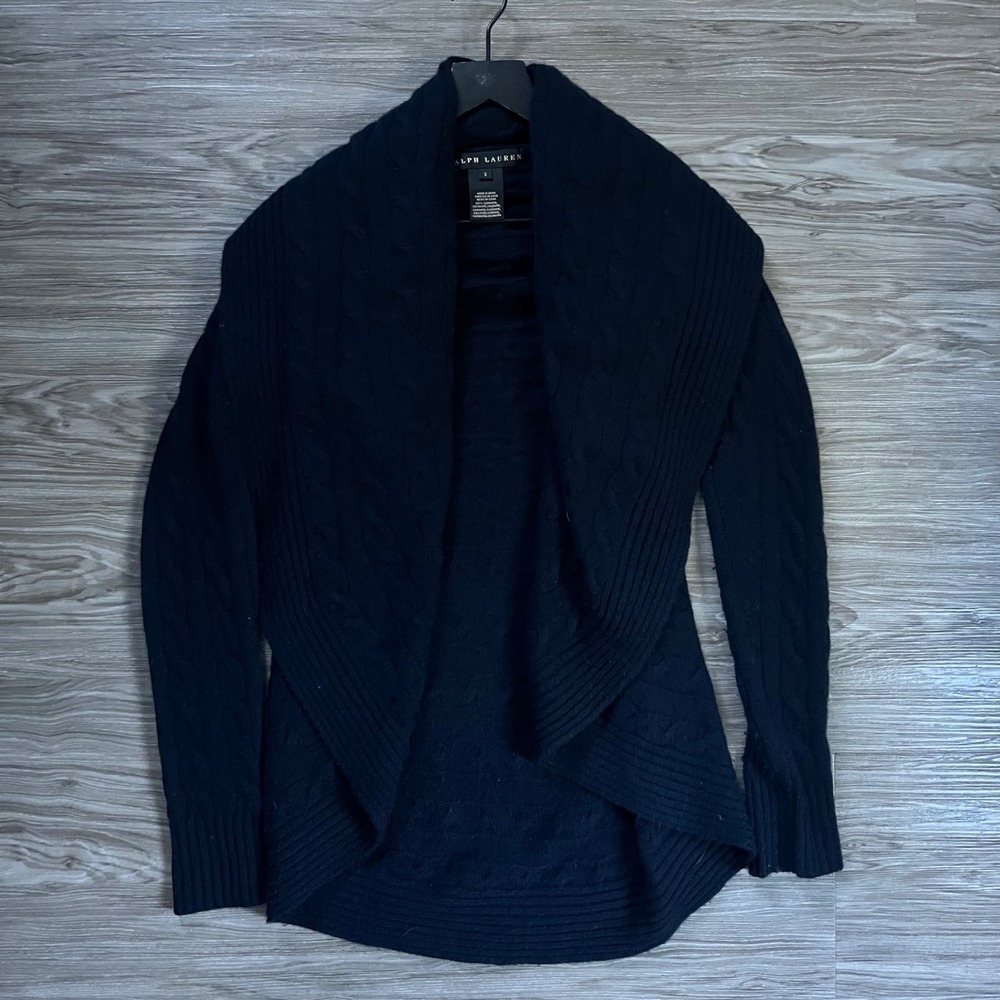 Ralph Lauren Black Label Cashmere Black Cable Knit Open Front Shawl Cardigan S